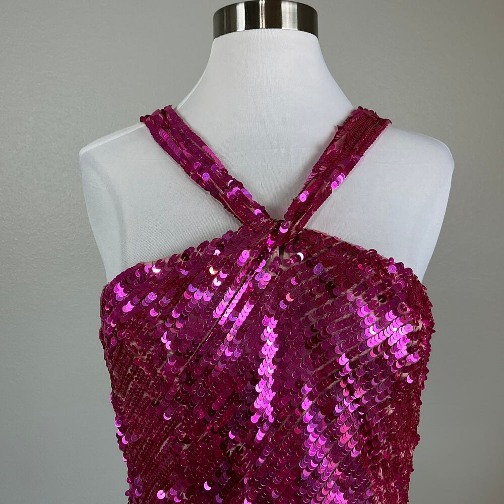 Mac Duggal 93961 Hot Pink Evening Gown Sequined Tulle Halter A-Line Dress Size 8 - Picture 8 of 12